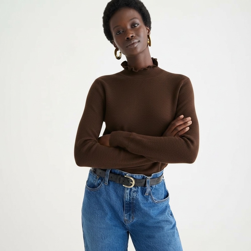 J.Crew | Ruffleneck Merino Wool-Blend Sweater M Brown Ruffle Mock Neck Rib BJ571